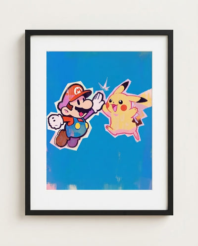 Mario & Pikachu art print framed on a wall — Paper Mario Pokémon crossover by Dammit.png