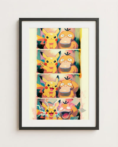 Pikachu and Psyduck Photo Booth limited edition Pokémon art print by Dammit.png shown framed