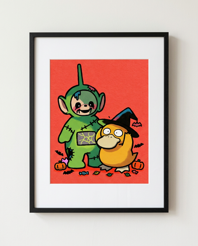 Zombie Teletubbies Dipsy and Psyduck Halloween art print in a black frame by Dammit.png