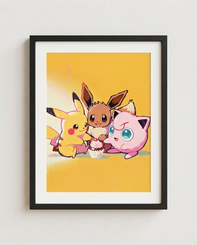 Pikachu, Eevee & Jigglypuff kawaii art print framed on a wall — Pokémon fan art by Dammit.png