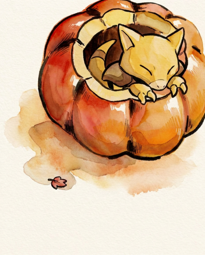 Watercolour illustration of Abra sleeping inside a hollow orange pumpkin by Dammit.png