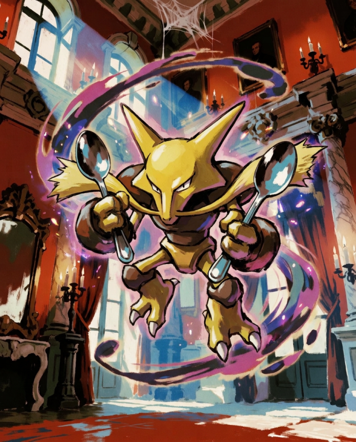 Alakazam — Séance illustration, Alakazam floating with spoons in a haunted mansion ballroom