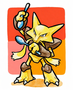 Watercolour Alakazam holding two spoons against red and orange colour blocks — Dammit.png fan art print
