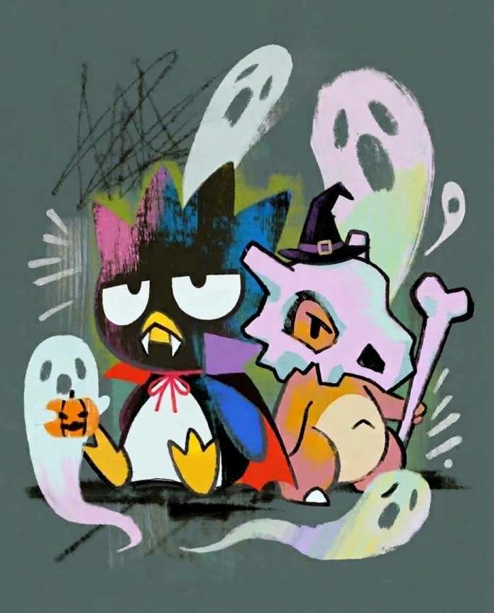 Badtz-Maru & Cubone — Spooky Squad illustration, Badtz-Maru as a vampire and Cubone in a witch hat with ghosts