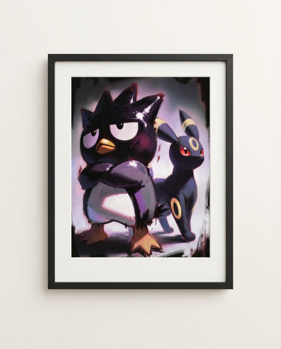 Badtz-Maru and Umbreon Unimpressed Sanrio Pokémon crossover art print by Dammit.png shown framed