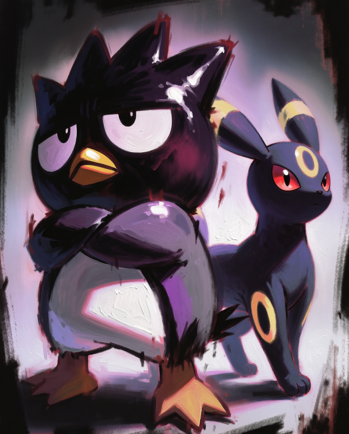 Original crossover artwork of Badtz-Maru and Umbreon with arms crossed by Dammit.png