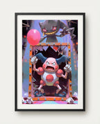 Banette & Mr. Mime — Puppet Show haunted circus art print framed in a black frame with white mat