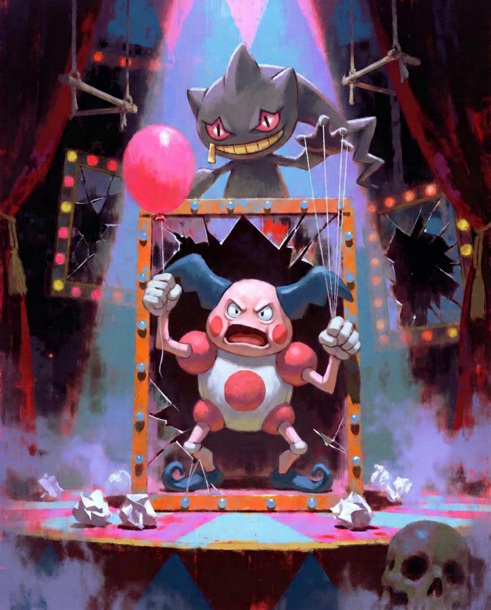 Banette & Mr. Mime — Puppet Show illustration, Banette pulling puppet strings on Mr. Mime inside a broken marquee mirror