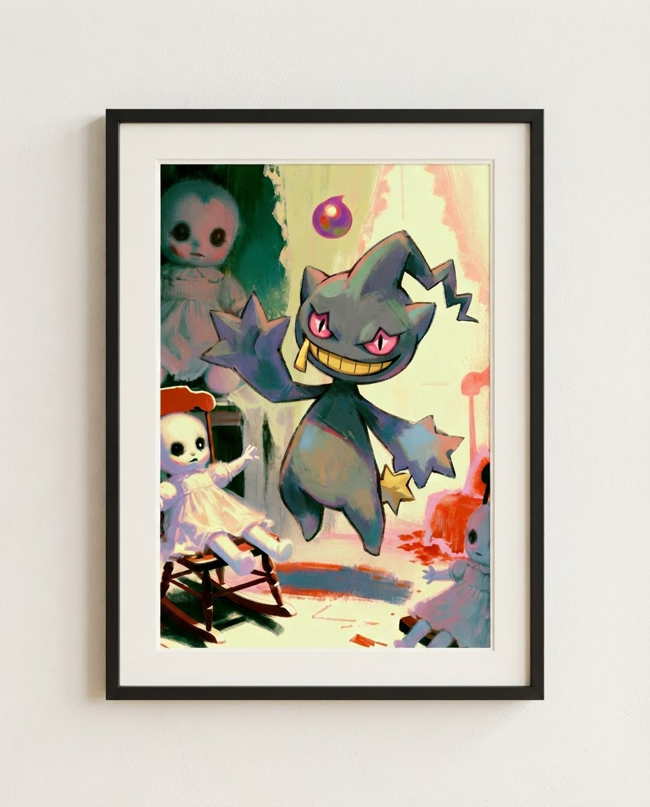 Banette — Playroom haunted house Halloween art print framed in a black frame with white mat