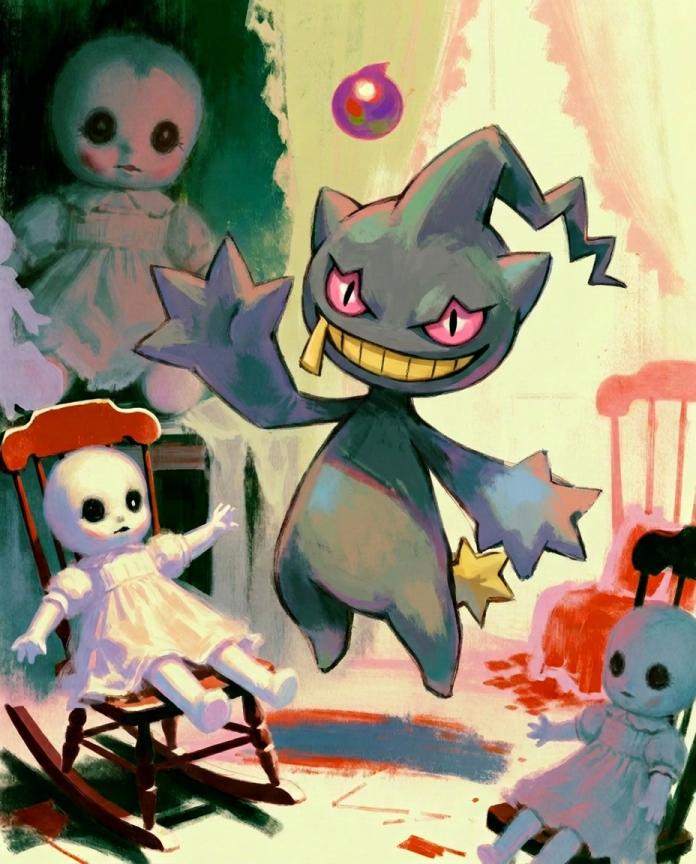 Banette — Playroom illustration, Banette floating in an abandoned nursery full of porcelain dolls
