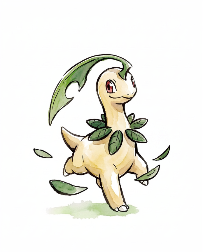 Watercolour Bayleef trotting through falling leaves — Dammit.png fan art print