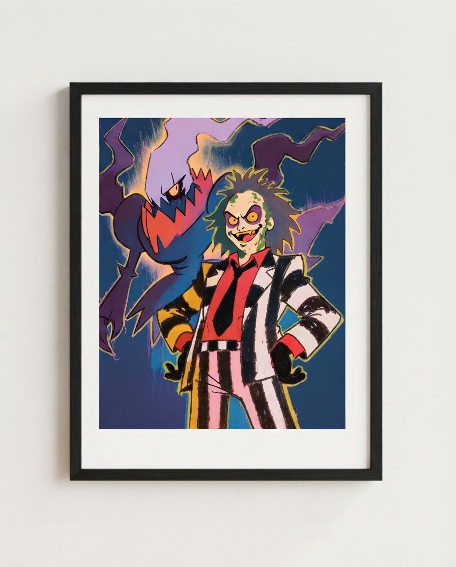 Beetlejuice & Darkrai — Say It Three Times crossover art print framed in a black frame with white mat