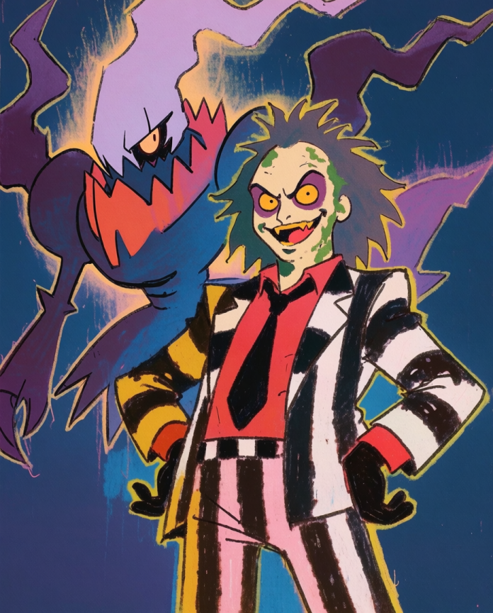 Beetlejuice & Darkrai — Say It Three Times illustration, Beetlejuice in a striped suit with Darkrai behind him