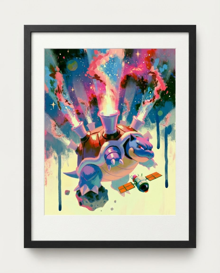 Blastoise — Launch Sequence — framed display mockup; print sold unframed