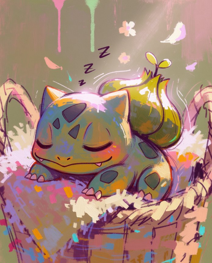 Original artwork of Bulbasaur asleep in a woven basket from the Sleepy series by Dammit.png