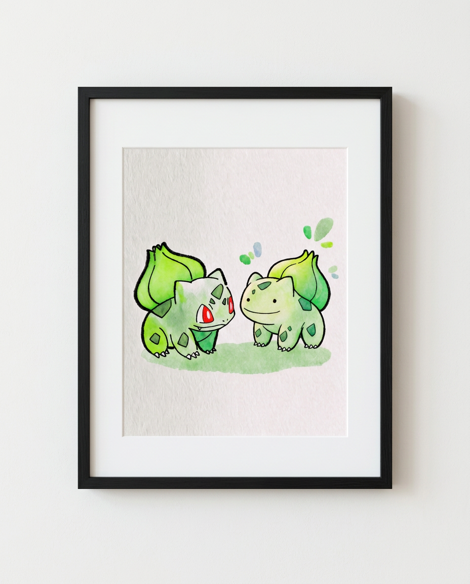 Bulbasaur and Ditto Seeing Double watercolour Pokémon art print in a black frame with white mat