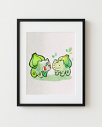 Bulbasaur and Ditto Seeing Double watercolour Pokémon art print in a black frame with white mat