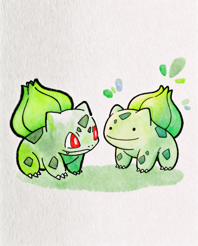 Watercolour illustration of Bulbasaur beside a Ditto transformed into Bulbasaur by Dammit.png