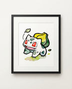 Bulbasaur — Falling Leaves watercolour art print framed in a black frame with white mat