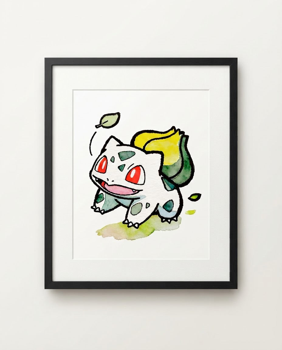 Bulbasaur — Falling Leaves watercolour art print framed in a black frame with white mat