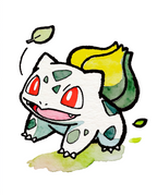 Bulbasaur — Falling Leaves illustration, watercolour Bulbasaur smiling as leaves drift past