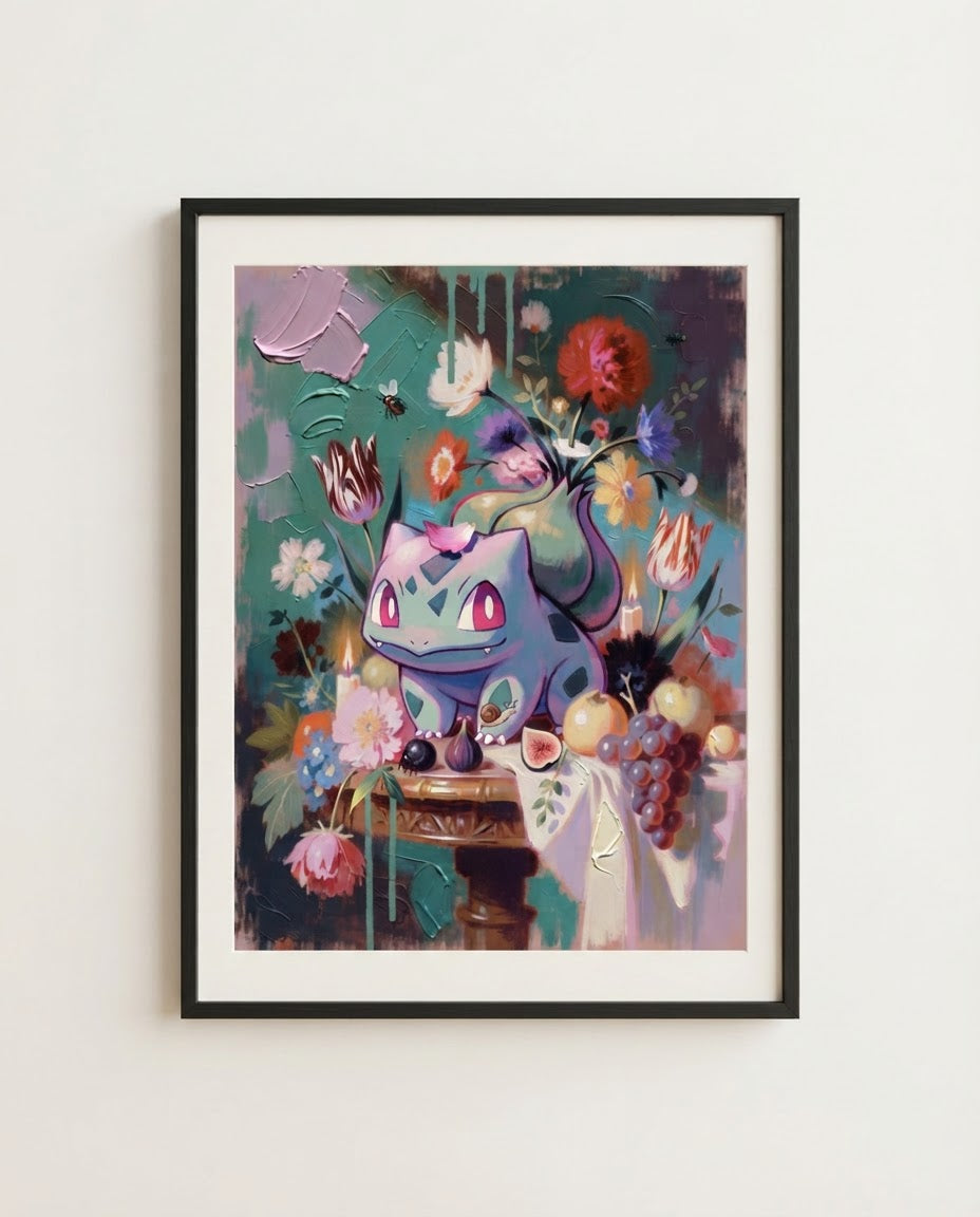 Bulbasaur Still Life limited edition classical Pokémon art print by Dammit.png shown framed