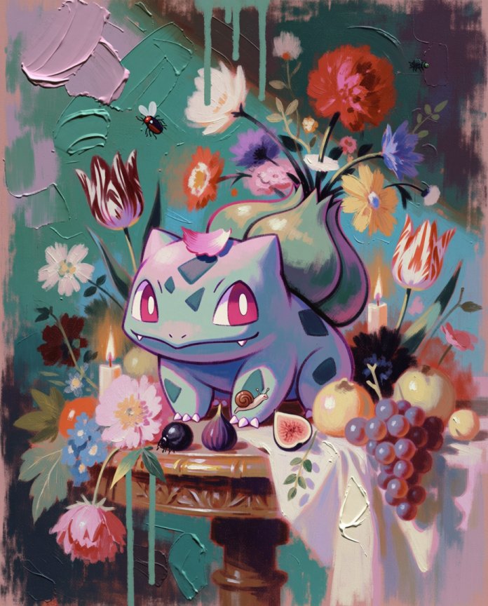 Original Dutch still-life style Bulbasaur artwork with tulips, figs and candlelight by Dammit.png