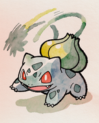 Watercolour Bulbasaur lunging forward as its vines whip overhead — Dammit.png fan art print