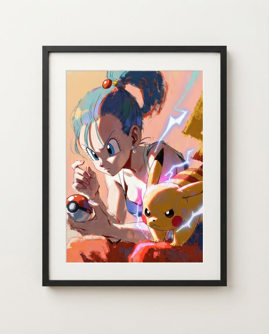 Bulma and Pikachu Field Test Dragon Ball Pokémon crossover art print by Dammit.png shown framed