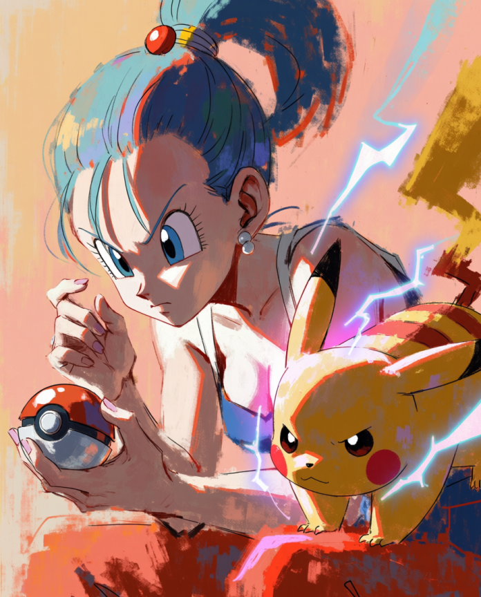Original crossover artwork of Bulma holding a Poké Ball while Pikachu looks unconvinced by Dammit.png