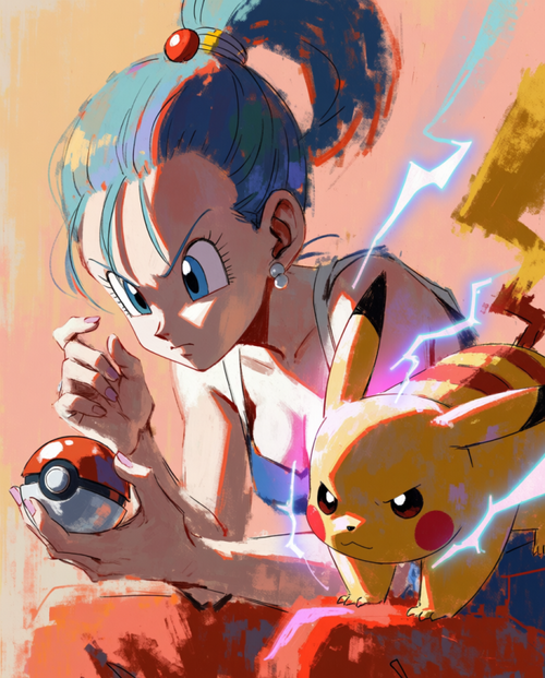 Original crossover artwork of Bulma holding a Poké Ball while Pikachu looks unconvinced by Dammit.png