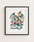 Charizard Blastoise and Venusaur Final Forms watercolour Pokémon art print by Dammit.png shown framed