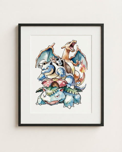 Charizard Blastoise and Venusaur Final Forms watercolour Pokémon art print by Dammit.png shown framed