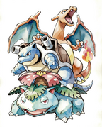 Original watercolour artwork of the three fully evolved Kanto starters, Sugimori-inspired print by Dammit.png