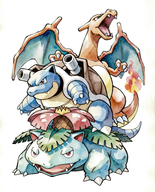 Original watercolour artwork of the three fully evolved Kanto starters, Sugimori-inspired print by Dammit.png
