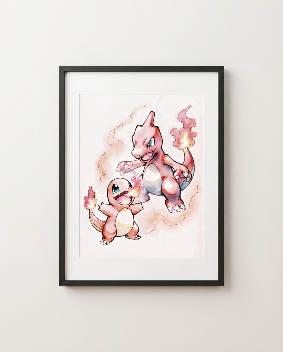 Charmander and Charmeleon Passing the Flame watercolour Pokémon art print by Dammit.png shown framed