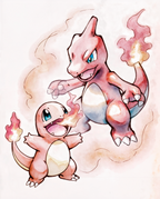 Original watercolour artwork of Charmander and Charmeleon with lit tails, Sugimori-inspired print by Dammit.png