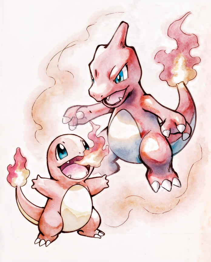 Original watercolour artwork of Charmander and Charmeleon with lit tails, Sugimori-inspired print by Dammit.png