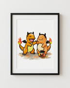 Charmander and Ditto Little Devils Halloween watercolour Pokémon art print in a black frame with white mat