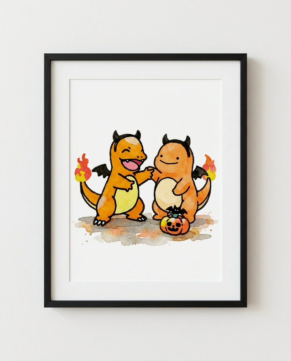 Charmander and Ditto Little Devils Halloween watercolour Pokémon art print in a black frame with white mat