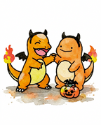 Watercolour illustration of Charmander and a Ditto Charmander in devil costumes with a jack-o-lantern by Dammit.png