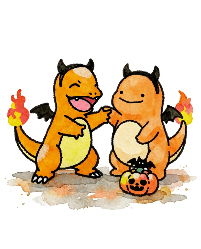 Watercolour illustration of Charmander and a Ditto Charmander in devil costumes with a jack-o-lantern by Dammit.png