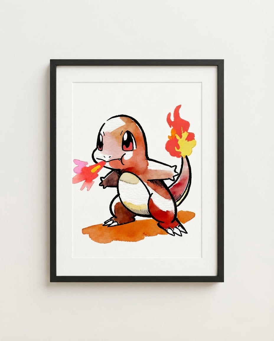 Charmander — Flamethrower framed watercolour art print by Dammit.png