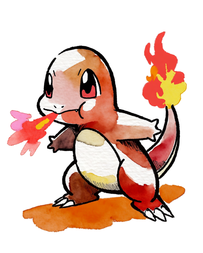 Watercolour Charmander breathing fire with its tail flame burning — Dammit.png fan art print
