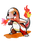 Watercolour Charmander breathing fire with its tail flame burning — Dammit.png fan art print