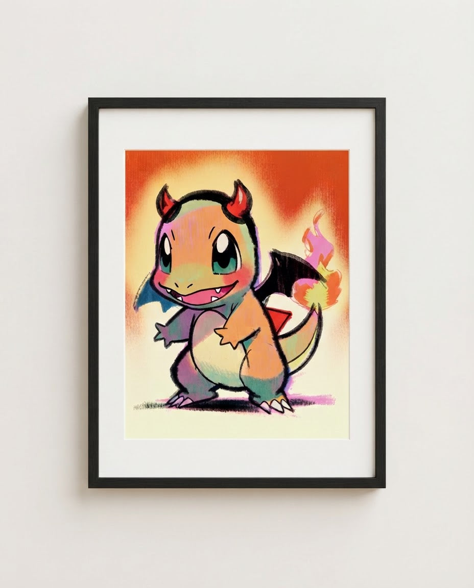Charmander — Little Devil Halloween art print framed in a black frame with white mat