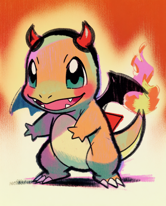 Charmander — Little Devil illustration, Charmander in a devil costume with horns and bat wings