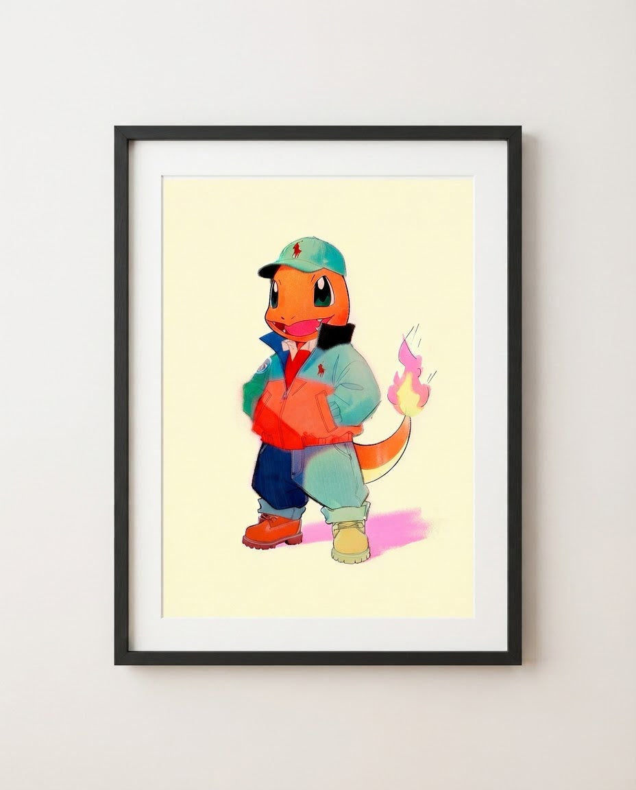 Charmander Lo Life limited edition streetwear Pokémon art print by Dammit.png shown framed