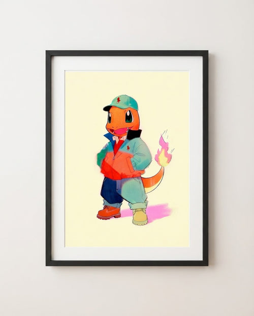 Charmander Lo Life limited edition streetwear Pokémon art print by Dammit.png shown framed