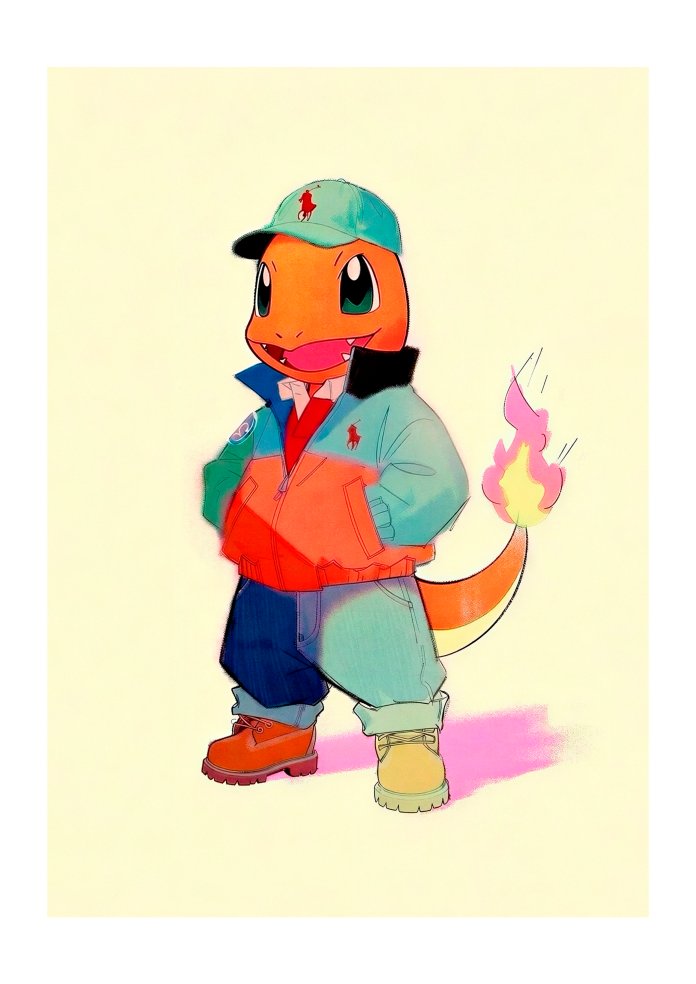 Original Charmander artwork in a colour-block jacket and cap by Dammit.png